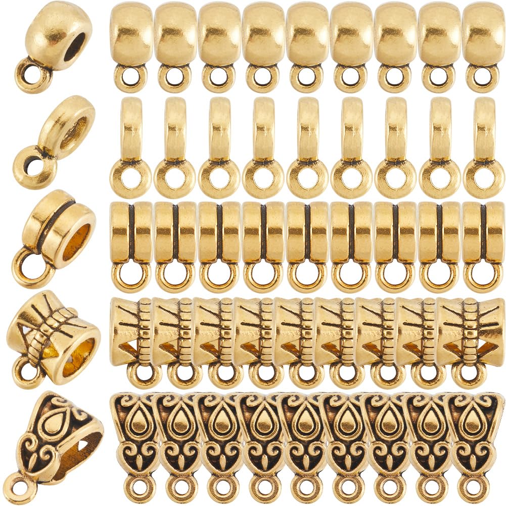 SOFPLATE 1 Box 300Pcs Clasp Bail Beads Gold Charm Spacer Beads Large Hole Alloy Dangle Cylindrical Textured Tibetan Style Bail Tube Beads for Jewellery Making Pendants Necklaces Supplies DIY Crafts