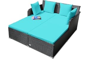 Salches, Outdoor Rattan Daybed, Patio Loveseat Sofa Set w/Comfortable Cushions, Extra Pillows & Metal Foot, Sunbed Wicker Furniture for Yard/Poolside/Living Room/Garden/Porch, Turquoise