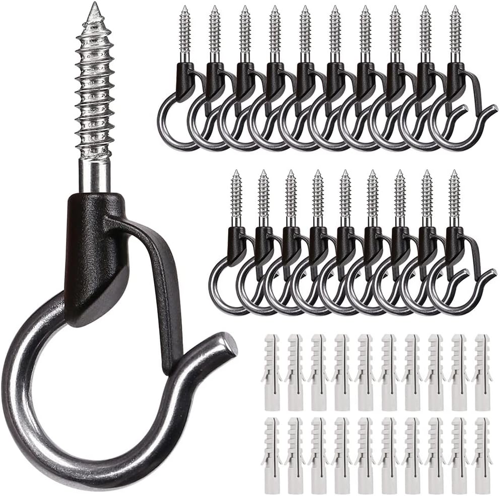 Outdoor Hanging Brackets - BeneLabel 20-Pack Screw in Hooks for Hanging Plants, String Lights & More - Black Wood Hooks with Safety Buckle Design - Rust Proof & Weather Proof - 40 lbs Capacity