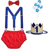 WELROG Baby Boys First Birthday Cake Smash Outfit Bow Tie Suspenders Bloomers Birthday Hat Sparkle Gold Set
