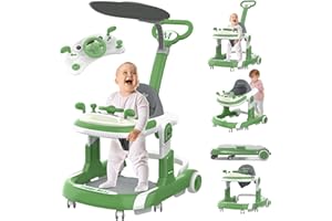 PIONEVOX Baby Walker, 5 Modes Foldable Baby Walker with Wheels, Music, 4-Height Baby Toddler Walker with Push Handle, Baby Bouncer, Food Tray, Sunshade, Baby Walkers for Babies 6-12 Months Boys (Green)