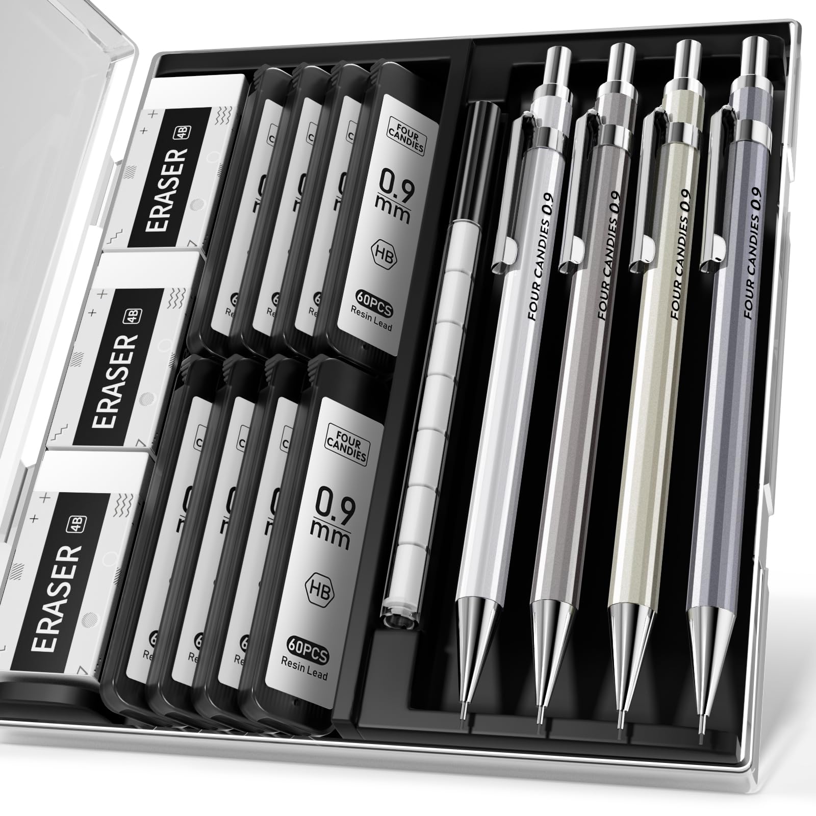 Four Candies Metal Mechanical Pencil Set with Case - 0.9mm (Bold Point), 4PCS Art Mechanical Pencils with 480PCS HB Lead Refills & 12PCS Erasers, Lead Pencils for Writing & Drawing & Drafting