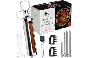 IRON GRILLERS Professional Meat Injector Syringe Kit for Smoking & Grilling Tender Turkey, Brisket & BBQ - Large 2 Oz Stainless Steel Visible Capacity - Never Leaks or Clogs + Meat Shredding Claws & Marinade Brush
