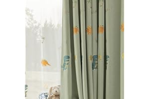 KMSG Cartoon Dinosaur Kids Curtains with Blackout Liner Embroidery Nursery Curtains for Children Boys Baby Bedroom Living Room Grommet Top Room Darkening Window Drapes 1 Panel (Green,W52 x L84 Inch)
