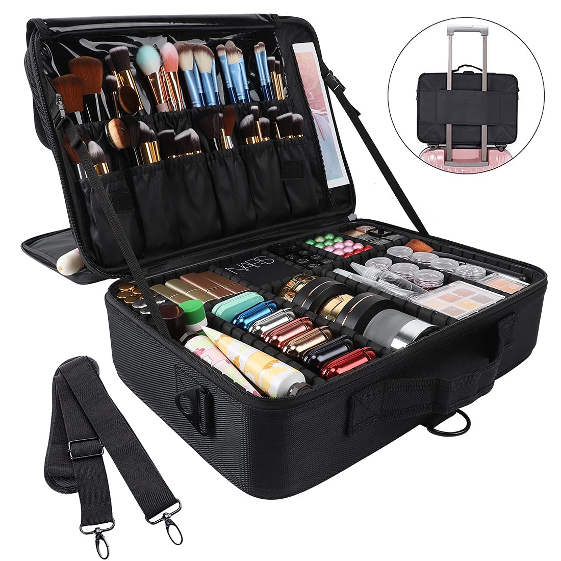 gzcz Large Capacity Travel Makeup Train Case,Professional Cosmetic Bags for Women,Portable Makeup Brush Bag Organizer Storage with Adjustable Dividers and Shoulder Strap