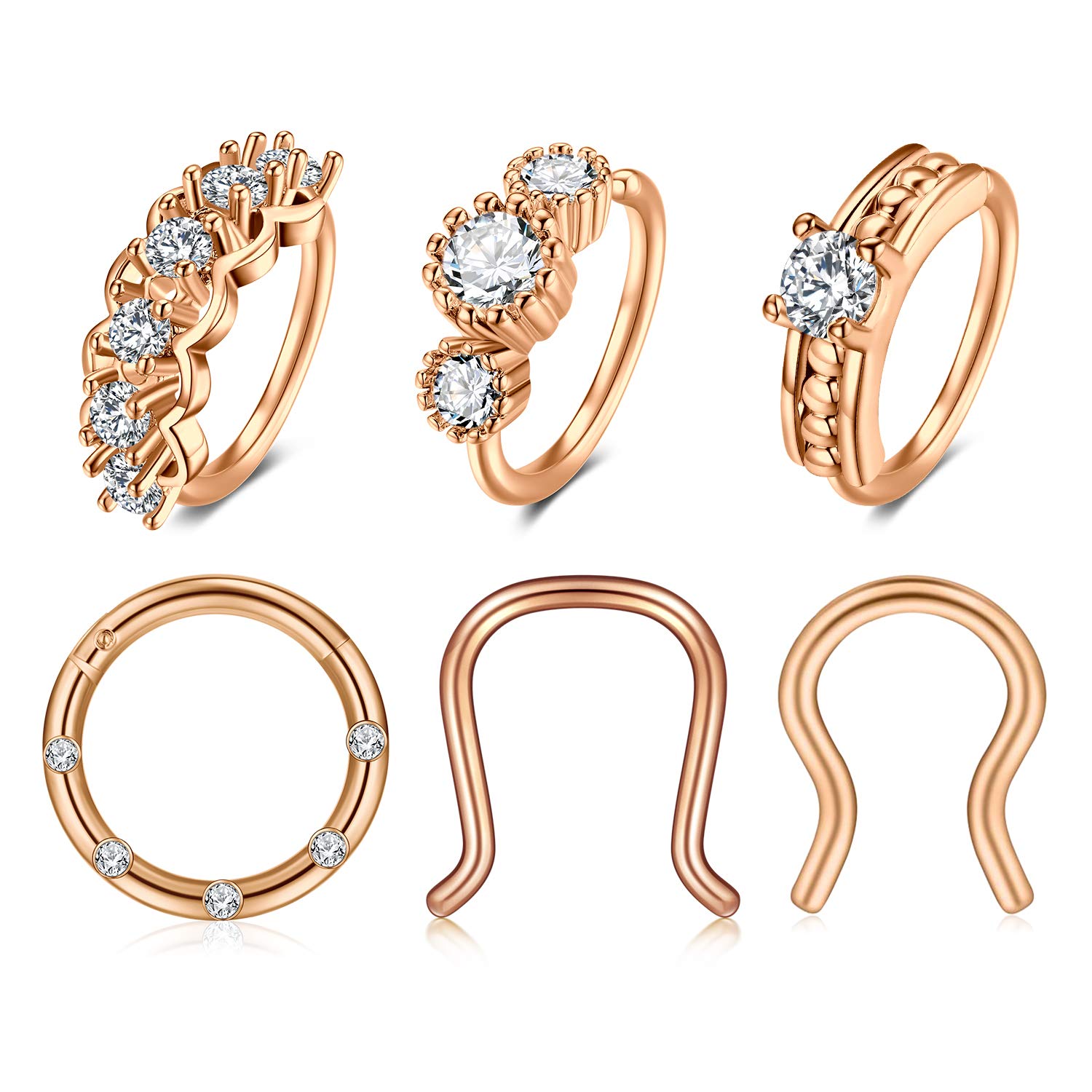 VFUN Nose Septum Rings Stainless Steel Daith Earrings Hinged Clicker U Shaped Septum Jewellery Nose Hoop Piercing 6PCS - Rose Gold
