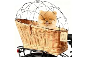 GENERIC Dog Bike Basket Pet Carrier Bicycle Dog Carrier | Natural Wicker Attachment with Protective Grille,Easy to Install Comfort Cotton Cushion,Mounting Bracket for Secure Bicycle Rear Luggage Rack