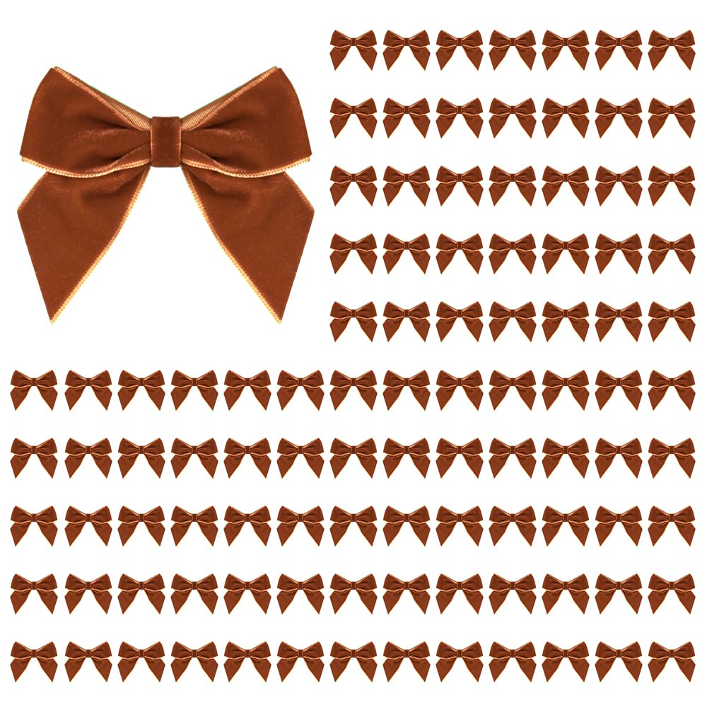 Photo 1 of 100 PCS Brown Velvet Bows for Christmas Tree, 2.75" Small Velvet Ribbon Bows for Gift Wrapping, Mini Bows for Crafts, Bow Decorations for Party Baby Shower Birthday Wedding (Brown, 100PCS)