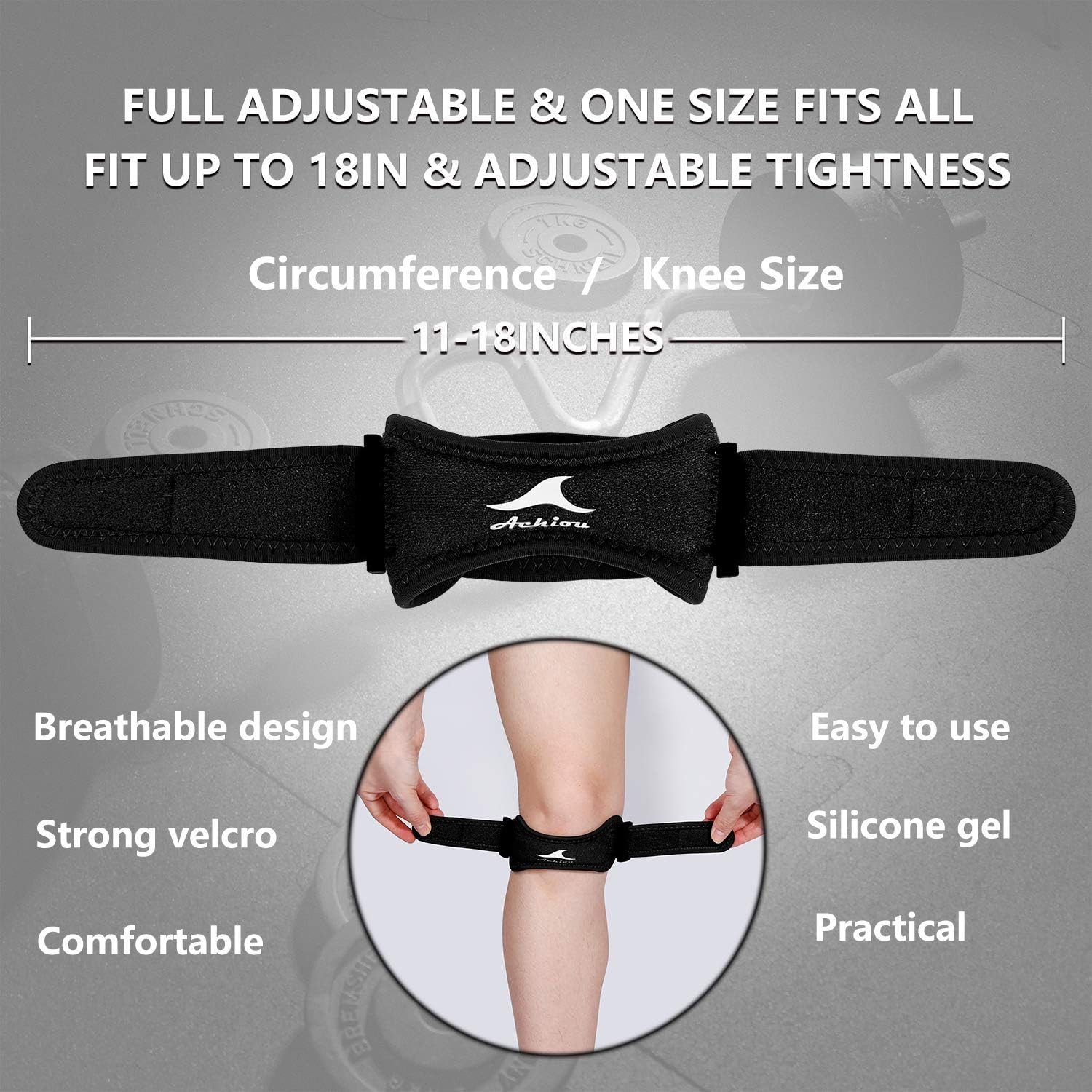 Achiou 2 Pack Patellar Tendon Support Strap, Knee Pain Relief with Silicone, Adjustable Knee Band, Knee Strap for Gym, Running, Hiking, Weight Lifting: Sports & Outdoors
