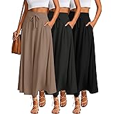 Riyiper 3 Pack Women's Maxi Skirts High Elastic Waist a Line with Pockets Ankle Length Flowing Drawstring Dress Casual Summer