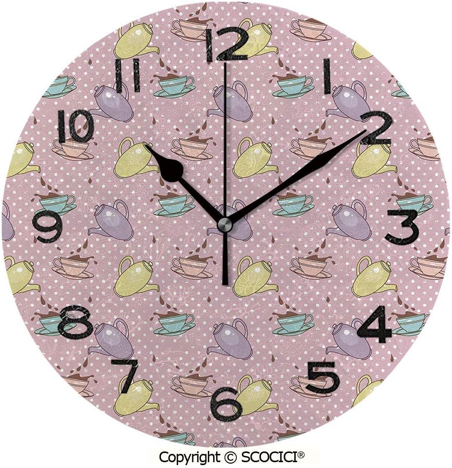 SCOCICI Round Wall Clock Polka Dots Background with Teapots Teacups Retro Cartoon Style 10 inch Morden Wall Clocks Silent Round Decorative Clock