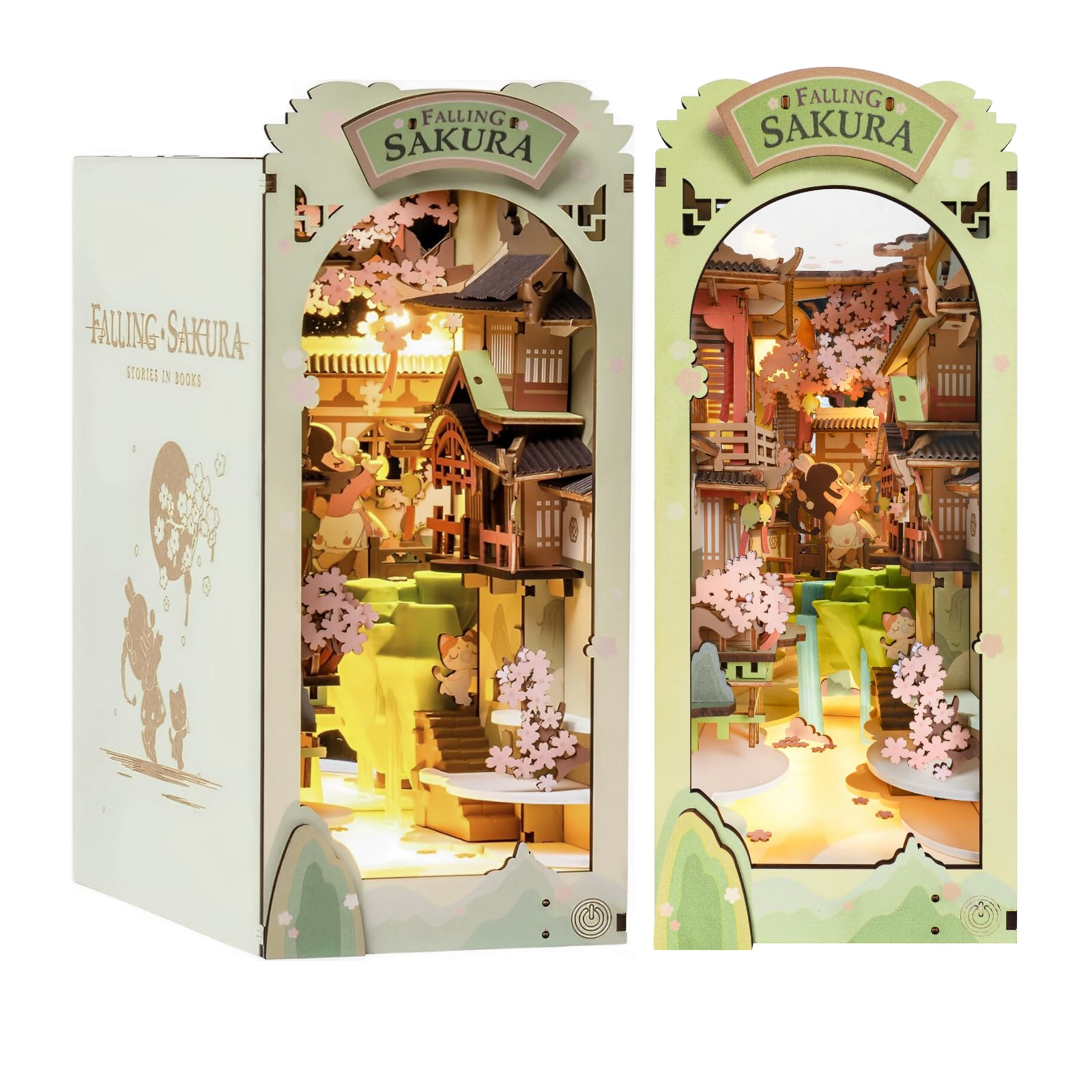 Rolife Book Nook Kits for Adults Falling Sakura DIY Miniature Kit with LED Light for Desk Library Bookshelf Decoration 3D Wooden Puzzle Booknook Model Kits for Adults to Build Gifts for Women — image 1