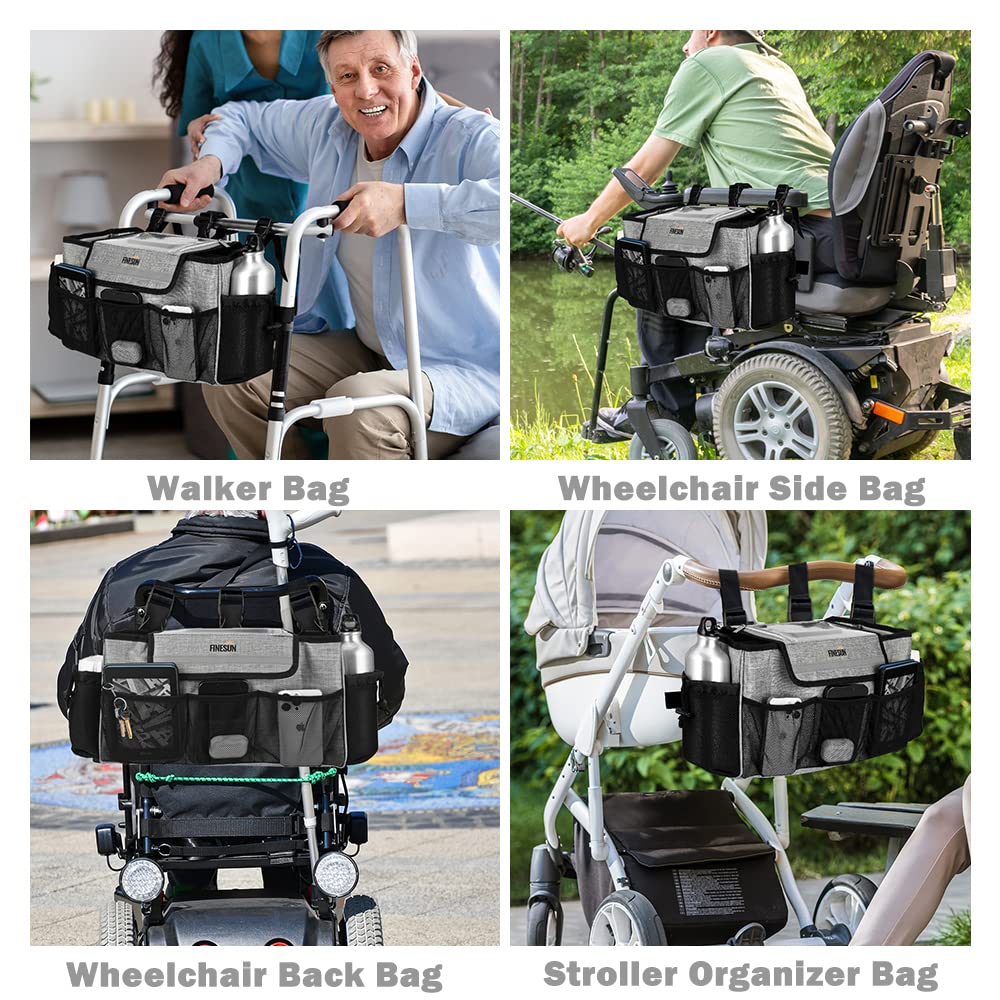 FINESUN Walker Bag with Visual Phone Pocket, Walker Storage with Cup Holder, Best Gift for Grandmas, Walker Accessories for Seniors, Grandparents, Mobility Aid Accessory Pouch for Elderly, Grey