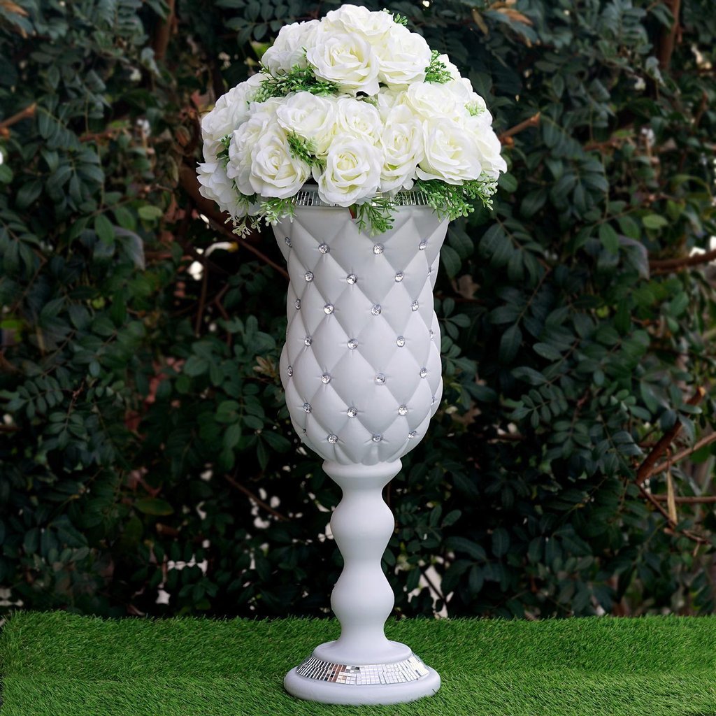 BalsaCircle 6 pcs 24" Tall White Vases with Crystal Beads for Wedding