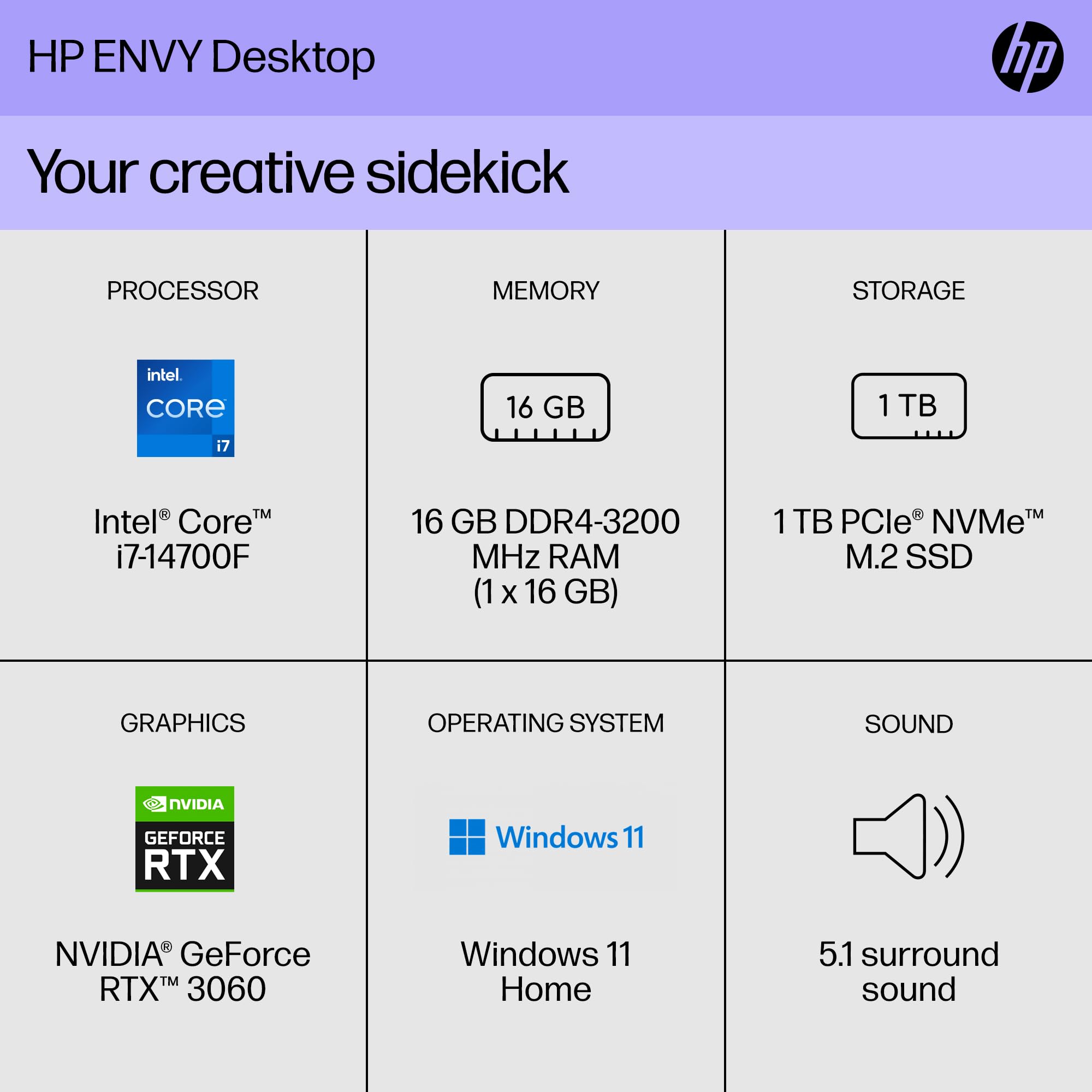 HP Envy Desktop PC, Intel Core i7-14700F, 16 GB RAM, 1 TB SSD, NVIDIA GeForce RTX 3060, Windows 11 Home, TE01-5360 (2024)