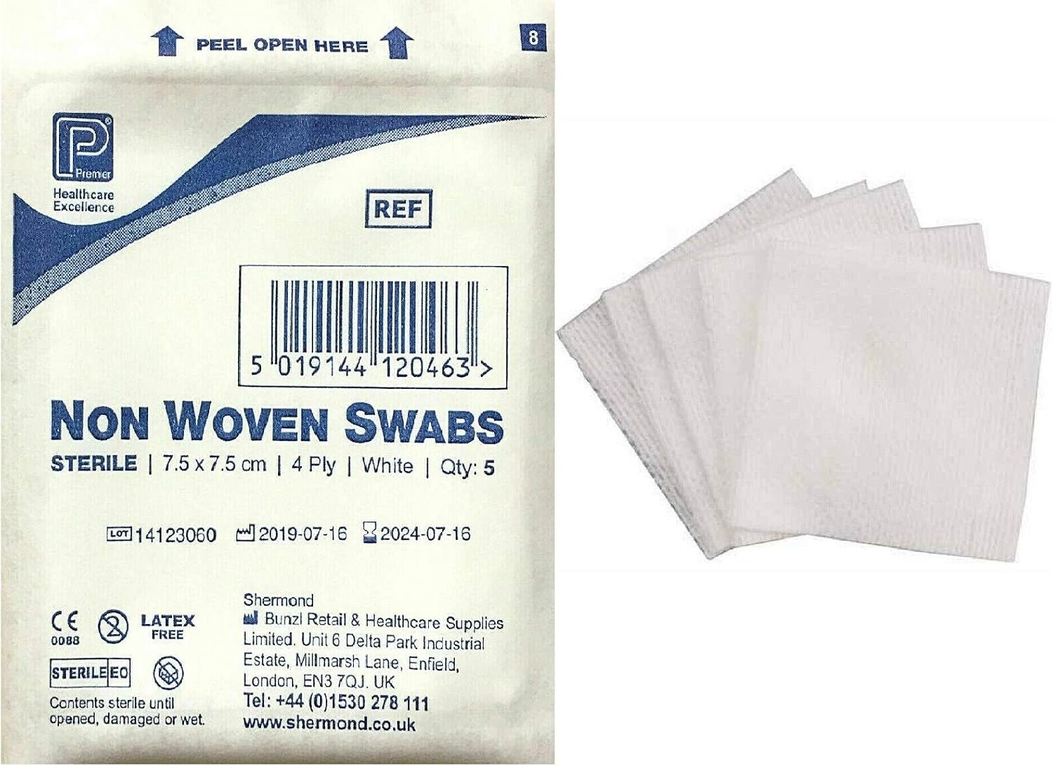 Premier 1860A 4 Ply Sterile Absorbent Non Woven Swab, 7.5cm x 7.5cm, 5 Count (Pack of 40), 7.5 x 7.5 cm (5 Count, Pack of 40) - Image 4