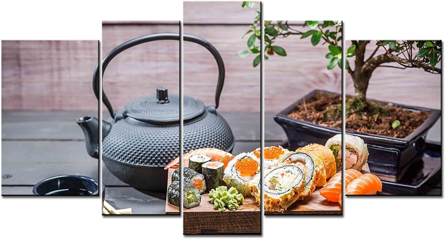 GART 5 Panel Canvas Wall Art Sushi and Teapot On The Table Artwork Pictures Prints On Canvas Paintings for Home Wall Decor Ready to Hang