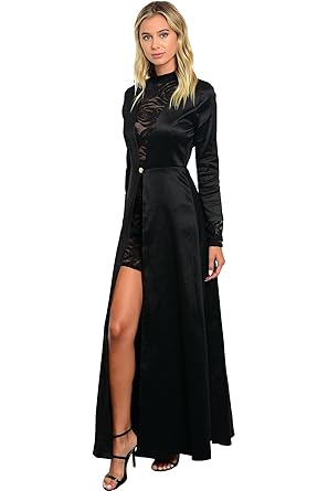Lady Bling Bling Damen Abendkleid Mini Maxi Vokuhila A-Linie Spitze Langarm Stehkragen Kurz Lang