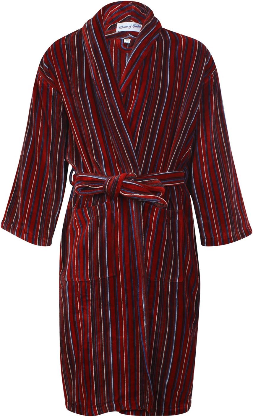 Bown of London, Men's Velour Dressing Gown, Bude, Red with Blue & White Stripes