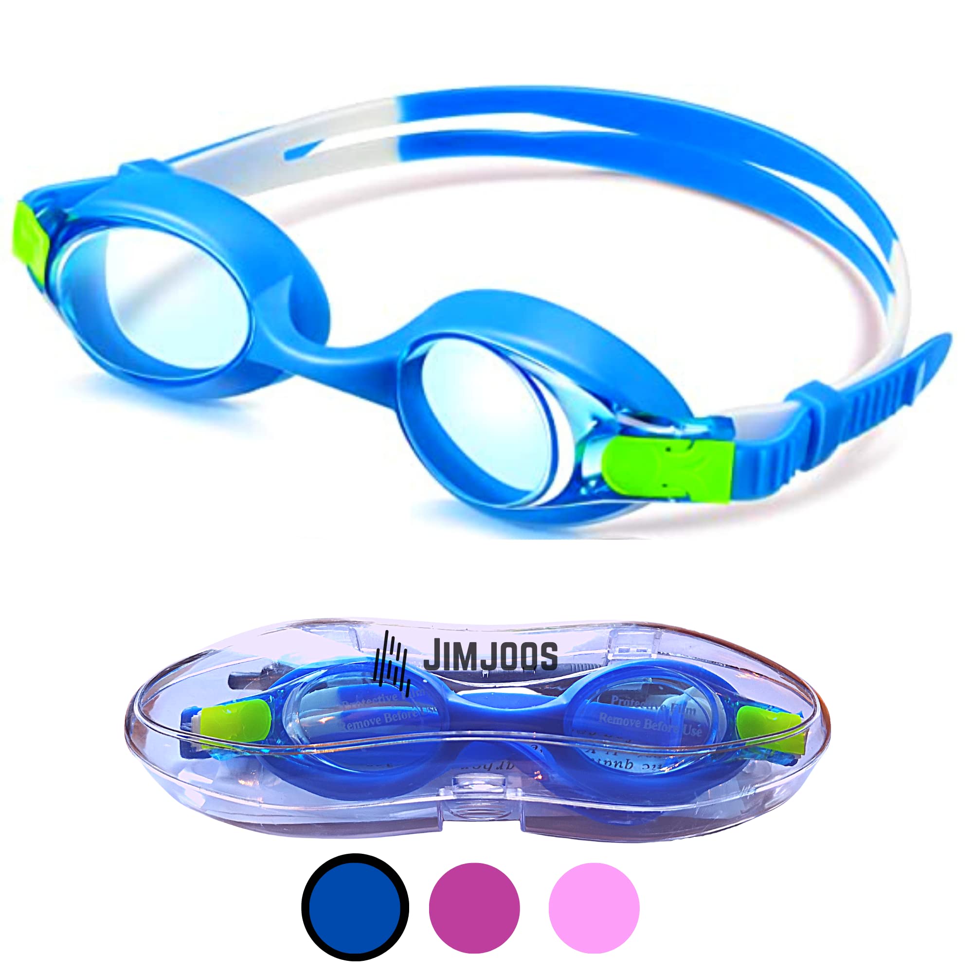 JIMJOOS Swimming Goggles For Kids - Anti Fog, Waterproof, UV Resist Swim Goggles - Quick Adjustable Strap and No Leaking Kids Goggles For All Ages With Protective Case (BLUE)