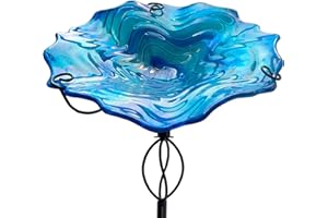 HONGLAND 32 Inch Height Bird Baths for Outdoors, Glass Birdbaths Outdoor Birdfeeder with Metal Stake Garden Yard (Blue)