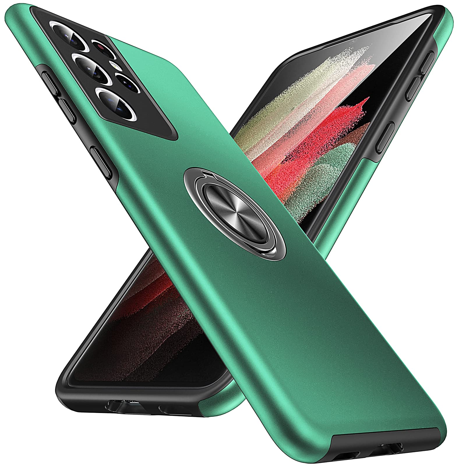 Anqrp Hidden Ring Serie Galaxy S21 Ultra 5G Case, [Embedded Kickstand][Military Shockproof] Rotate Magnetic Ring Stand Heavy Duty Multi-Layer Protective Cover for Samsung Galaxy S21 Ultra, Dark Green