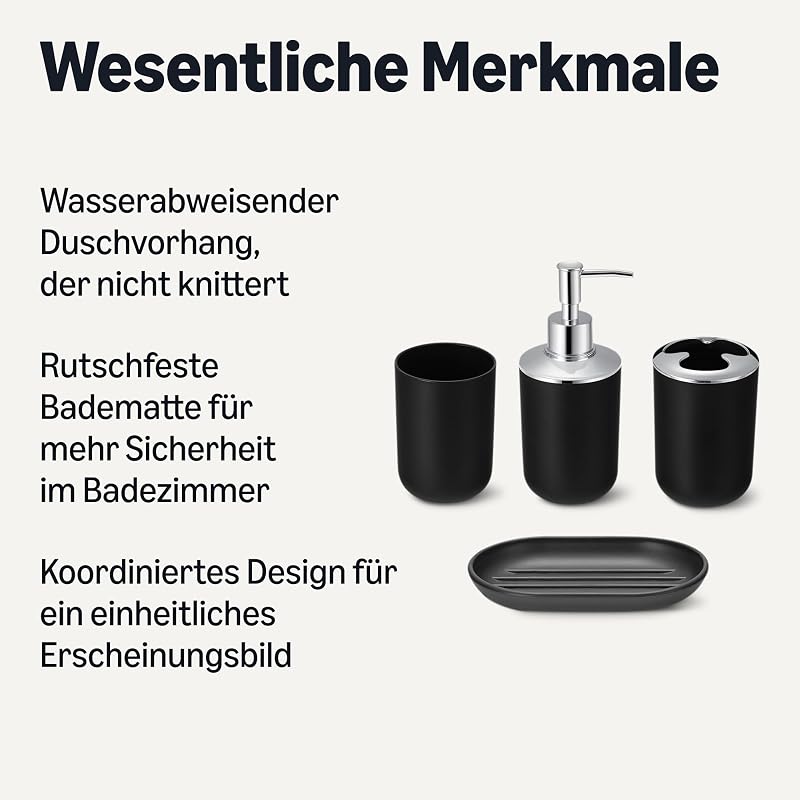 Badezimmer-Zubehör-Set: Duschvorhang mit Haken, Memory Foam Badteppich, Seifenspender, Seifenschale, Zahnbürstenhalter & Becher, Schwarz