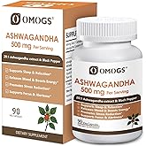 OMOGS Organic Ashwagandha, Pure Herb Extract, Added Black Pepper, High Absorption, for Boosts Energy, Sleep, Focus, Stress Relief.& Immune Support, Non-GMO, 90 Vegetable Capsules