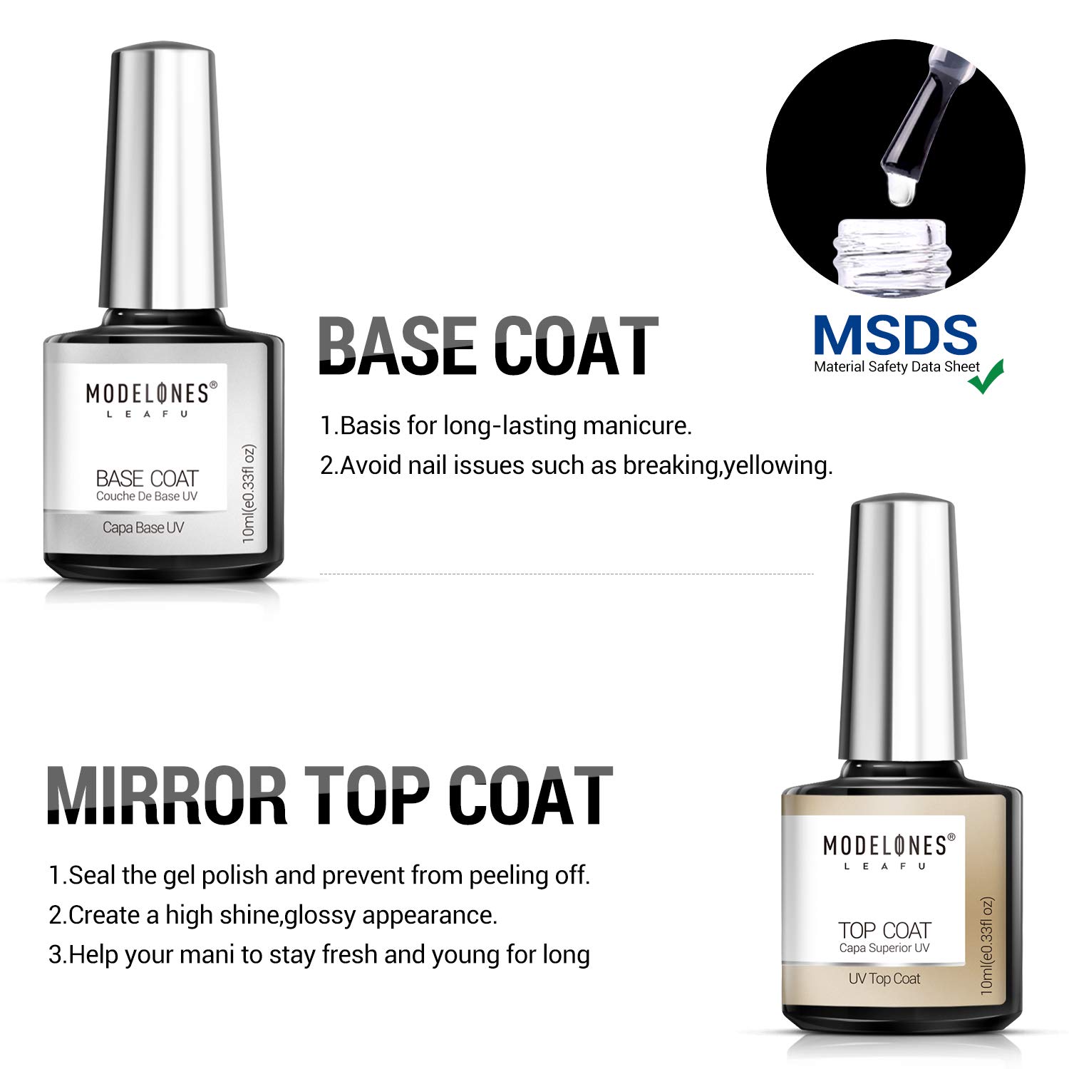 Modelones Gel Nail Polish 3Pcs 0.33 Oz Primer No Wipe Top and Base Coat Set, Non-acid Nail Primer, Shiny and Long-Lasting UV/LED Soak Off Gel Polish : Beauty