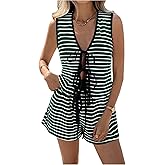 OYOANGLE Women's 2 Piece Outfits Striped Bow Tie Front Tank Top and Shorts Summer Lounge Set