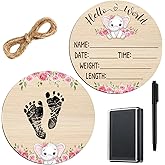 Thyle Baby Announcement Wooden Name Sign for Hospital Birth Double Sided Newborn Welcome Sign with Marker Pen and Ink Pad for Baby Shower Hand Footprints(Elephant)