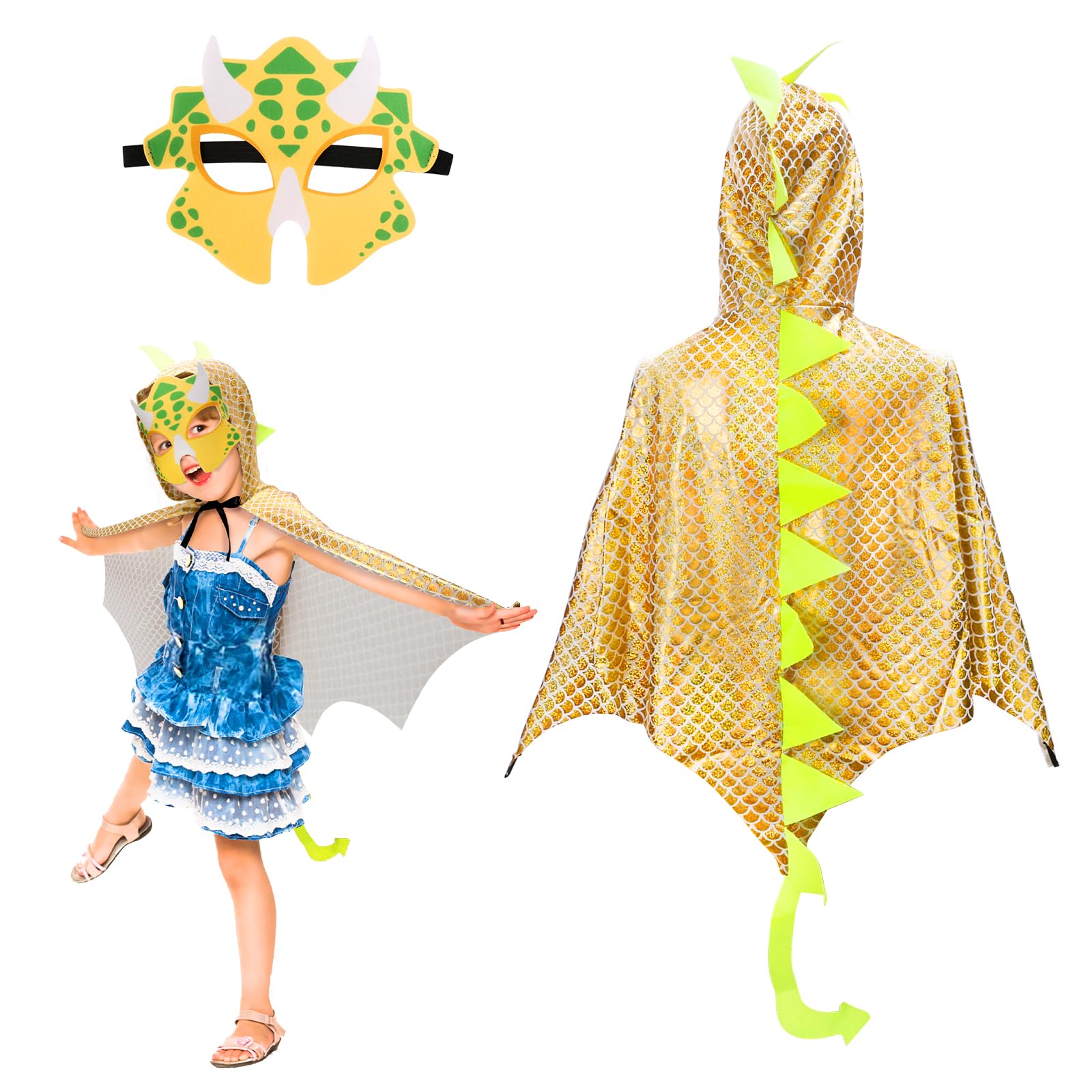 Landifor 2pcs Dinosaur Costume for Kids Dino Fancy Dress Outfit Dragon-Wings Cape with Dino Mask for 3-8 Years Toddler Jurassic Themed Party Costume Cosplay Pretend Play