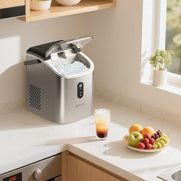 ECOZY NUGGET ICE MAKER COUNTERTOP WITH HANDLE, PEBBLE ICE IN 5 MINS, 33 LBS PER DAY, SELF-CLEANING ICE MACHINE WITH ICE BAGS AND SCOOP, PORTABLE ICE MAKER FOR KITCHEN, BAR, PARTIES, CAMPING, RV
