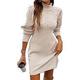 Apvirdy 2025 Womens Turtle Neck Sweater Pearl Dress Fall Winter Elegant Long Puffy Sleeve Knit Mini Wrap Work Dresses
