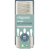Cliganic Organic Cotton Swabs, 500 Count - 100% Pure Natural Cotton, Chlorine-Free Hypoallergenic, Soft, Gentle &amp; Absorbent Buds