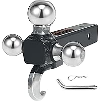 NUCHOICE Trailer Hitch Tri-Ball Mount with Hook, Fits 2” Receiver, 1-7/8”, 2”, 2-5/16” Towing Balls, Heavy-Duty Steel, Black 
