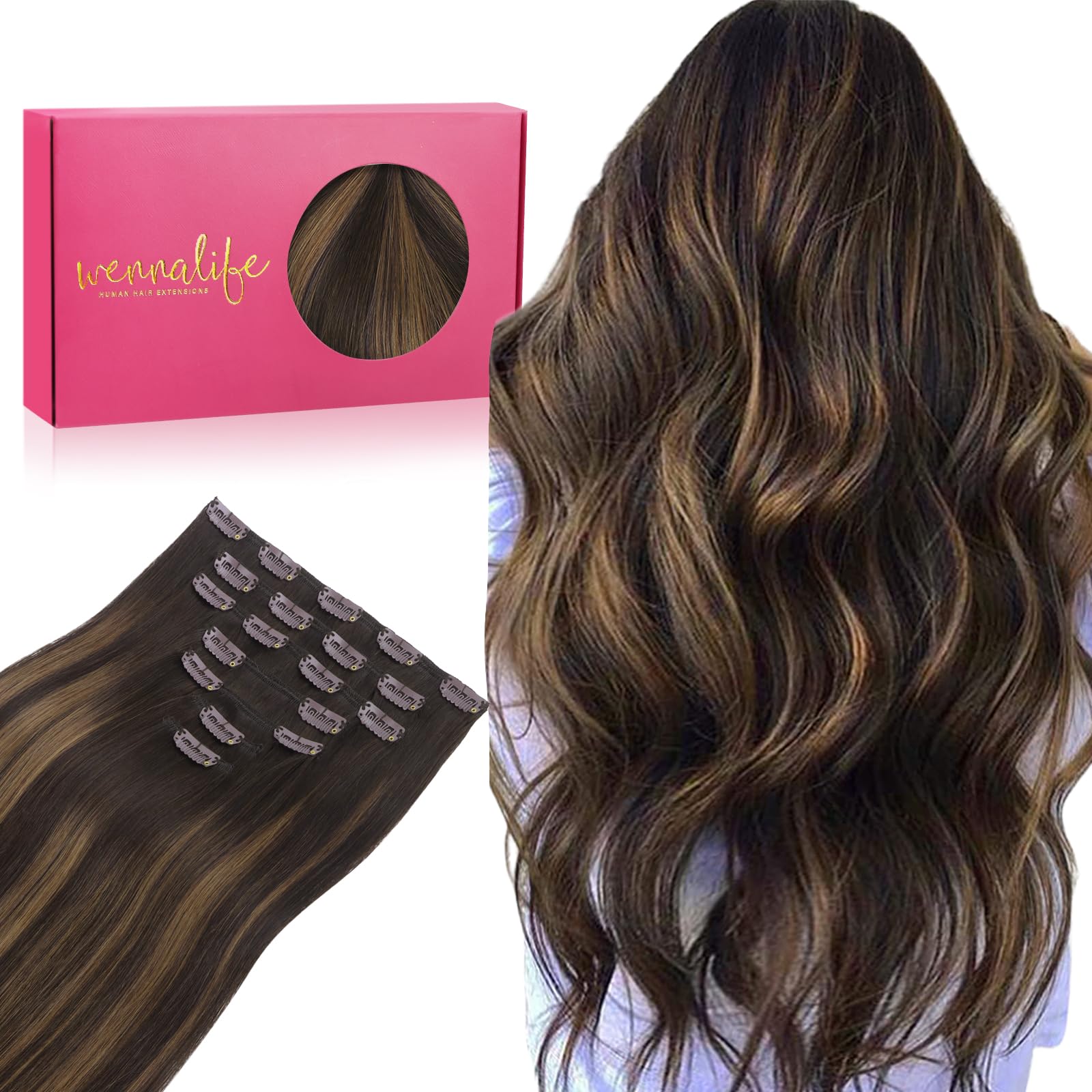Wennalife Clip In Hair Extensions, 14 Inch 120g 7pcs Real Human Hair Balayage Dark Brown to Chestnut Brown Remy Coloured Clip In Hair Extensions