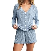 Dressmine Pajama Sets for Women 2 Piece Shorts Cute Button Up Pjs Set Fall Sleepwear Long Sleeve Loungewear Sets