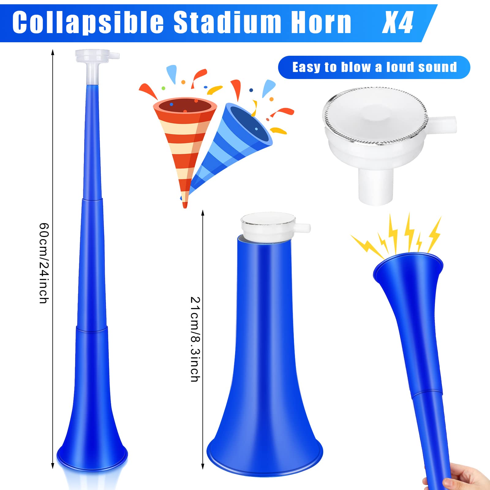 Sosation 4 Pieces Collapsible Stadium Horn 24 Inch Vuvuzela Plastic Trumpet Horn Blow Noisemakers for Sporting Events Football Games School Sports Party Supplies Favors Accessories(Blue)