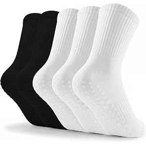 Women Pilates Grip Crew Socks-Cotton Non Slip Yoga Calf Socks for Women | 5 Pairs,Size 6-10,Breathable,Gripper Socks,For Home