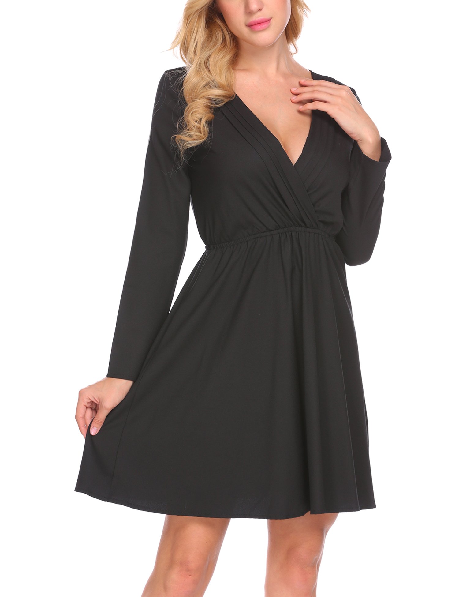 SE MIU Women Casual V Neck Long Sleeve Solid Waist Ruched Pleated Mini Dress,Medium,Black