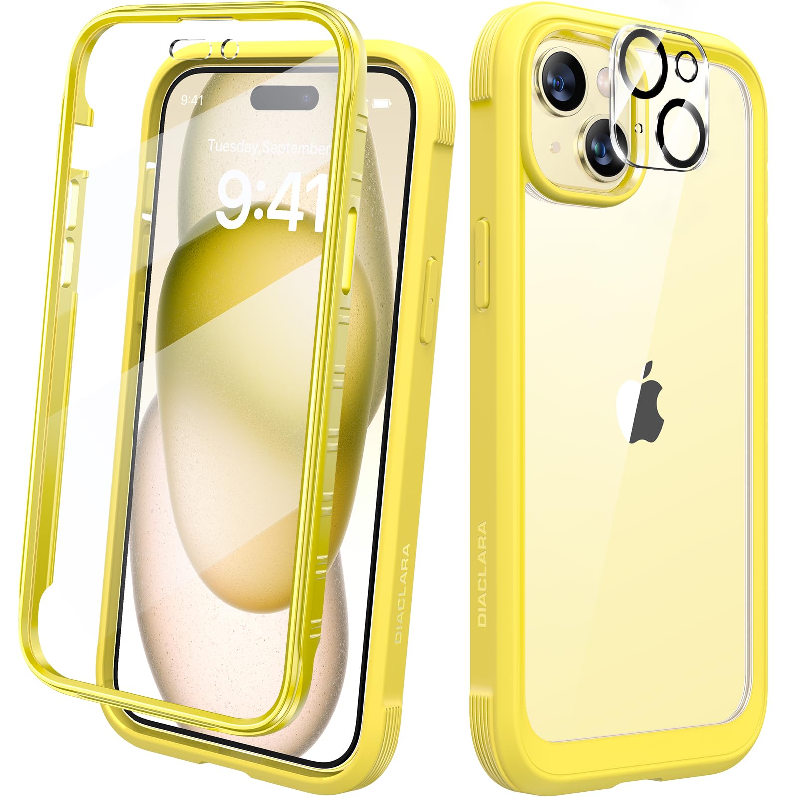 Photo 1 of Diaclara Designed for iPhone 15 Case, Full Body Rugged Case with Built-in Touch Sensitive Anti-Scratch Screen Protector, with Camera Lens Protector for iPhone 15 6.1" (Lemon Yellow)