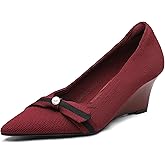 NEWBELLA Women's Bow Wedge Heels - Simple Knit Slip-On Pumps Pointed Toe, Comfortable Office Work Shoes with Block Heel