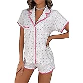 COZYEASE Womens Silky Pajamas Set Heart Print 2 piece Sleepwear Short Sleeve Button Down Shirt with Shorts