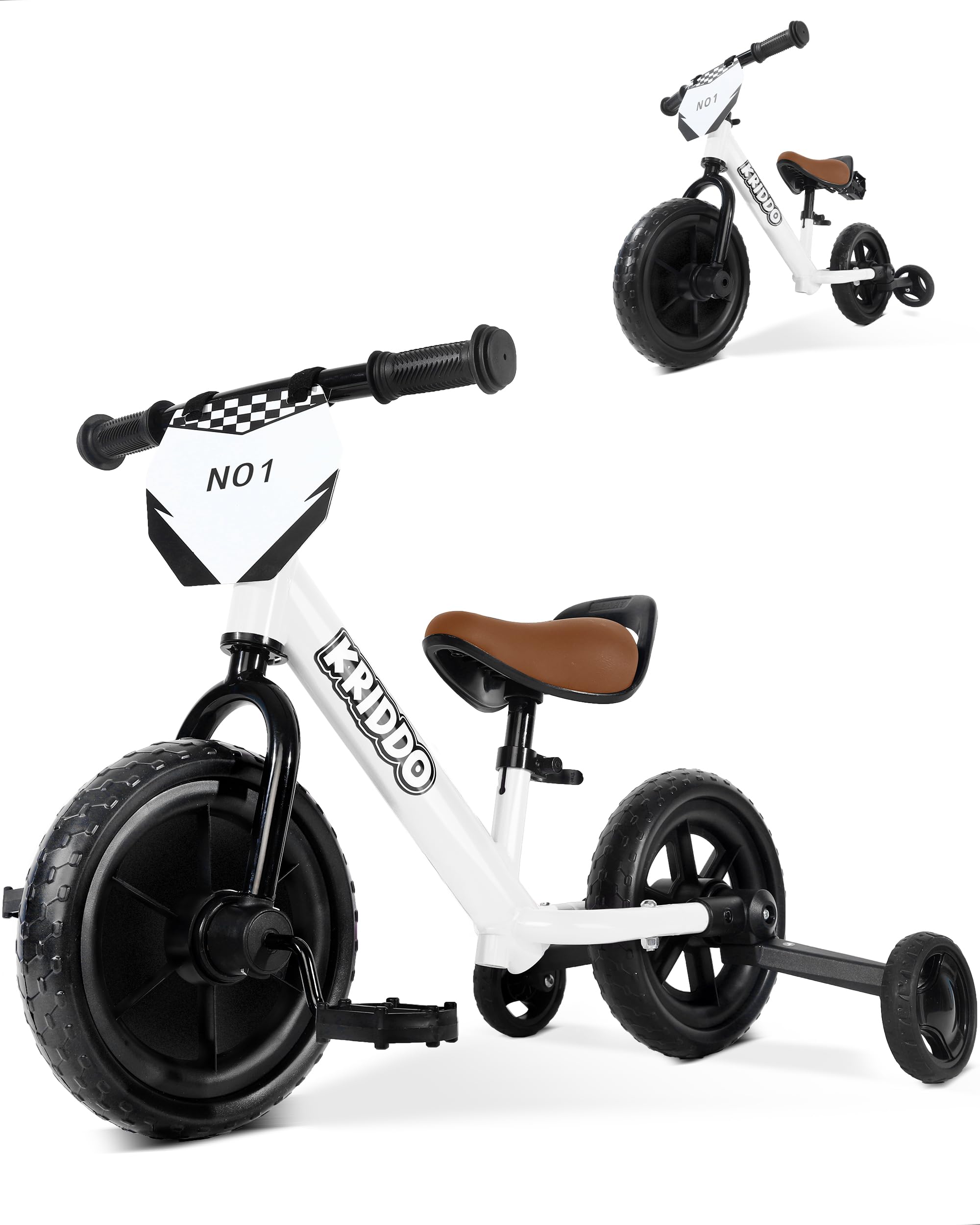 KRIDDO 2-in-1 Kids Tricycle and Toddler Balance Bike 2 Year Old, Detachable Pedals and Stowable Training Wheels, DIY Plate, Riding Trikes Toy for Ages 18 Months to 3 Years, White