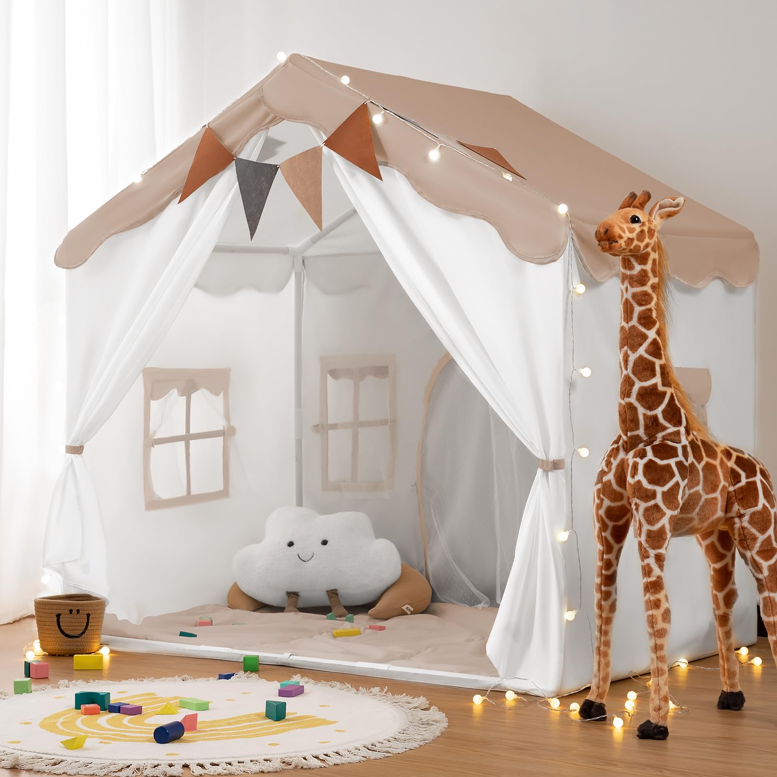 besrey 2-in-1 Kids Play House Tent for Girls & Boys – Indoor Toddler Tent with Lights & Pad, Children Tents for Kids & Toddlers, Large Bed Tents, Princess Playhouse with 2 Doors brown