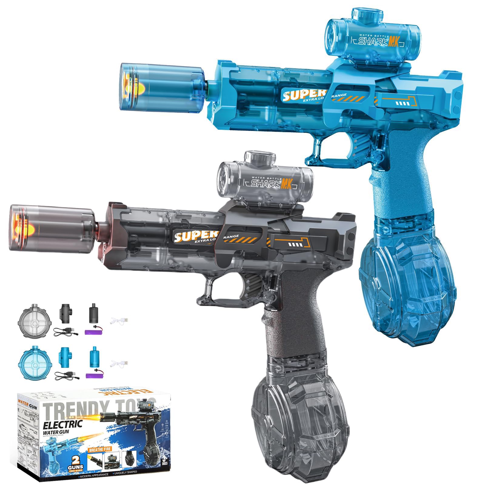 2 Pcs Electric Water Gun, Rechargeable Automatic Water Pistols with Light Effect, Long Range Motorised Water Blaster for Kids & Adults, Summer Beach Pool Outdoor Toy Gift