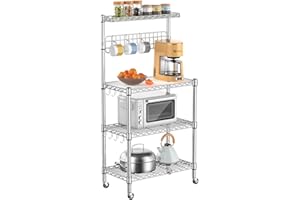 Leteuke Bakers Rack for Kitchen with Storage, NSF Certified 4-Tier Adjustable Coffee Bar with Wheels 10 S-Hooks Microwave Stand Kitchen Storage Shelf Metal Storage Rack 30 x 14 x 59 Inches, Chrome