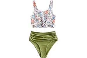 ZAFUL Women's High Waisted Bikini Scoop Neck Swimsuit Two Pieces Bathing Suit