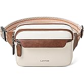 LATMAP 3L Fanny Packs for Women Cross Body Bag Vegan Leather Chest Belt Bag Fashion Waist Pack Small Bum Bag Crossbody for Travel Running Workout, Beige with Brown